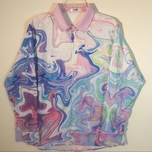 COOFANDY Shirt Long Sleeve Collar Linen Cotton Pink Blue Watercolor Oil Slick